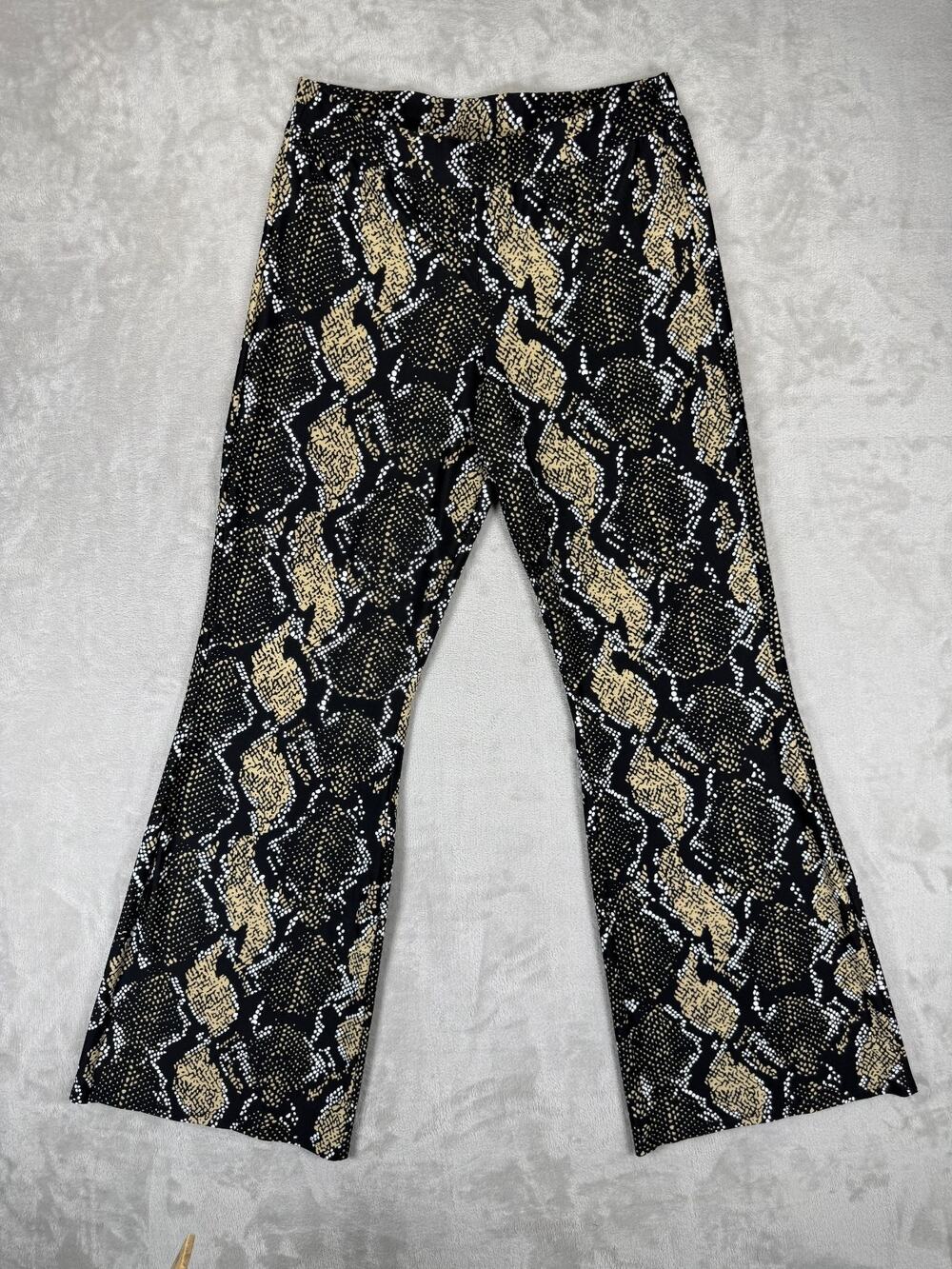 Jude Connally XS Snake Print Flare Pants Black Tan Stretch Pull On Made USA